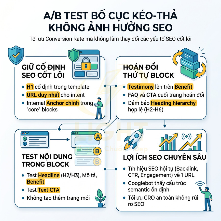 Infographic hướng dẫn A/B test bố cục kéo thả tối ưu CRO mà không ảnh hưởng các yếu tố SEO cốt lõi