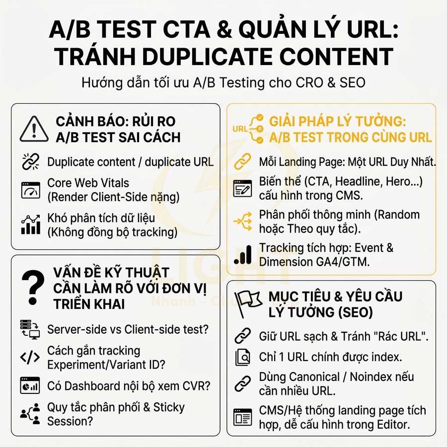 Infographic hướng dẫn A/B test CTA và quản lý URL tránh duplicate content tối ưu CRO và SEO