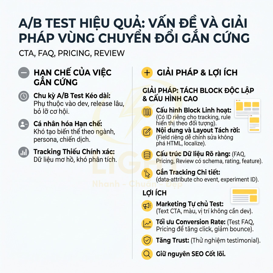 Infographic A/B test hiệu quả với hạn chế vùng chuyển đổi gắn cứng và giải pháp tách block độc lập, tối ưu conversion rate
