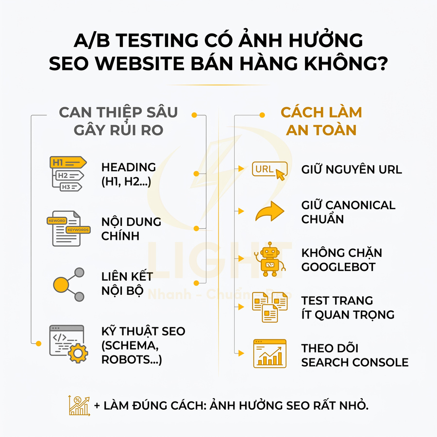 Infographic hướng dẫn A/B testing an toàn để hạn chế ảnh hưởng SEO cho website bán hàng
