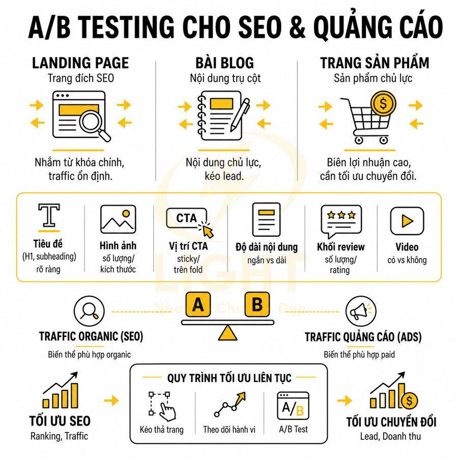 Infographic quy trình A/B testing tối ưu SEO, quảng cáo và chuyển đổi cho landing page, bài blog, trang sản phẩm