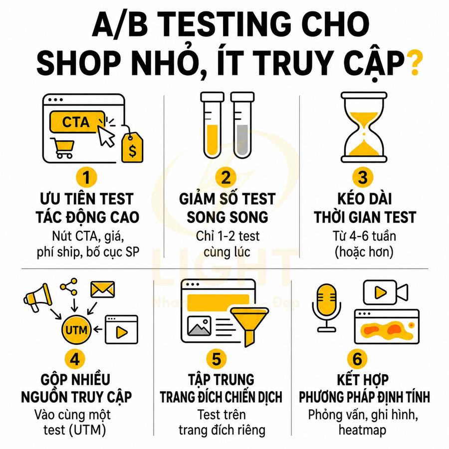 Infographic hướng dẫn A/B testing cho shop nhỏ ít truy cập với 6 bước tối ưu chiến dịch marketing