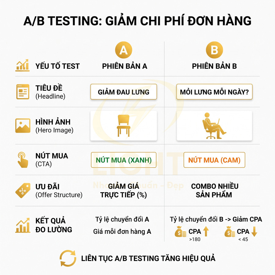 Bảng so sánh A/B testing tối ưu chi phí đơn hàng với tiêu đề, hình ảnh, nút mua và ưu đãi khác nhau
