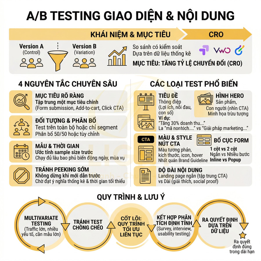 Infographic hướng dẫn A/B testing giao diện và nội dung website với nguyên tắc, loại test phổ biến và quy trình tối ưu CRO