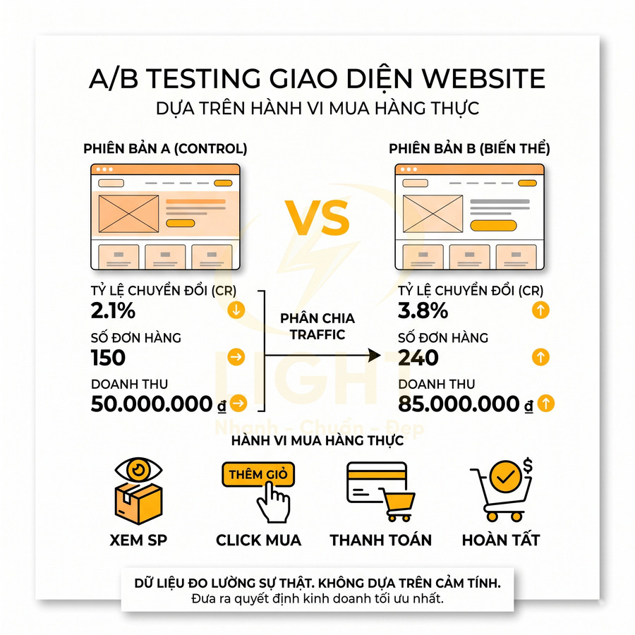 Infographic A/B testing giao diện website so sánh tỷ lệ chuyển đổi, đơn hàng và doanh thu giữa hai phiên bản