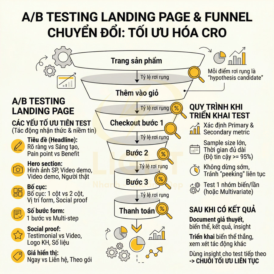 Sơ đồ A/B testing tối ưu landing page và phễu chuyển đổi CRO cho quy trình mua hàng online