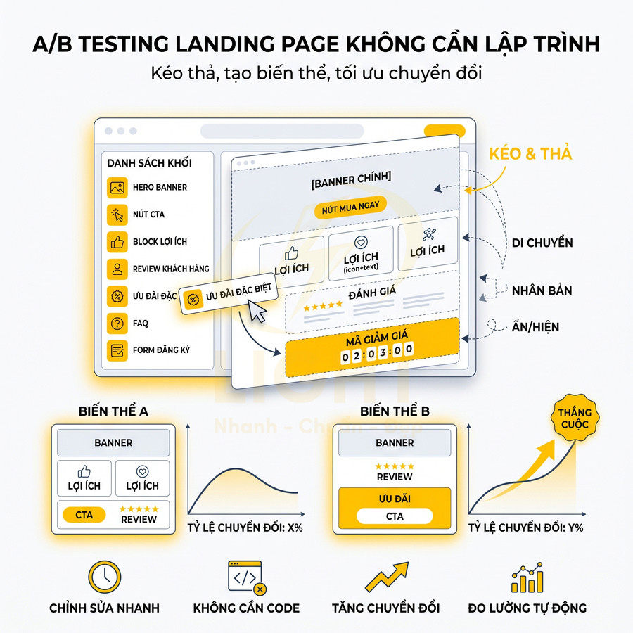 Minh họa công cụ A/B testing landing page kéo thả, tạo biến thể A và B để tối ưu tỷ lệ chuyển đổi và đo lường tự động