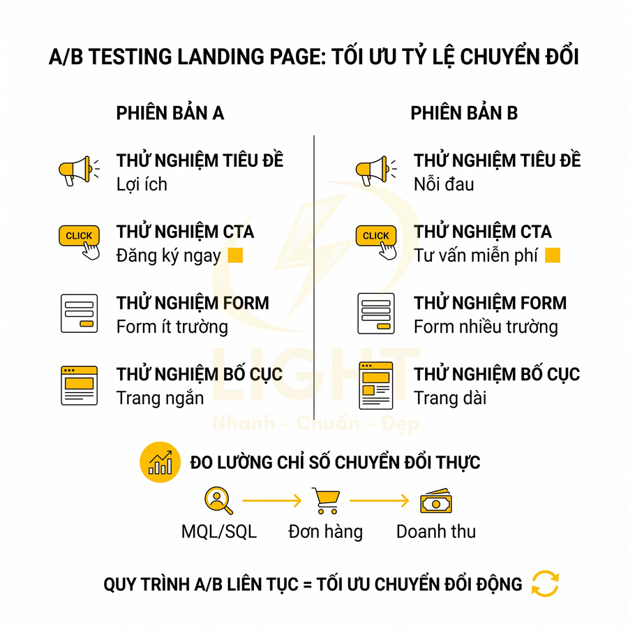 Mô hình A/B testing landing page so sánh tiêu đề, CTA, form và bố cục để tối ưu tỷ lệ chuyển đổi