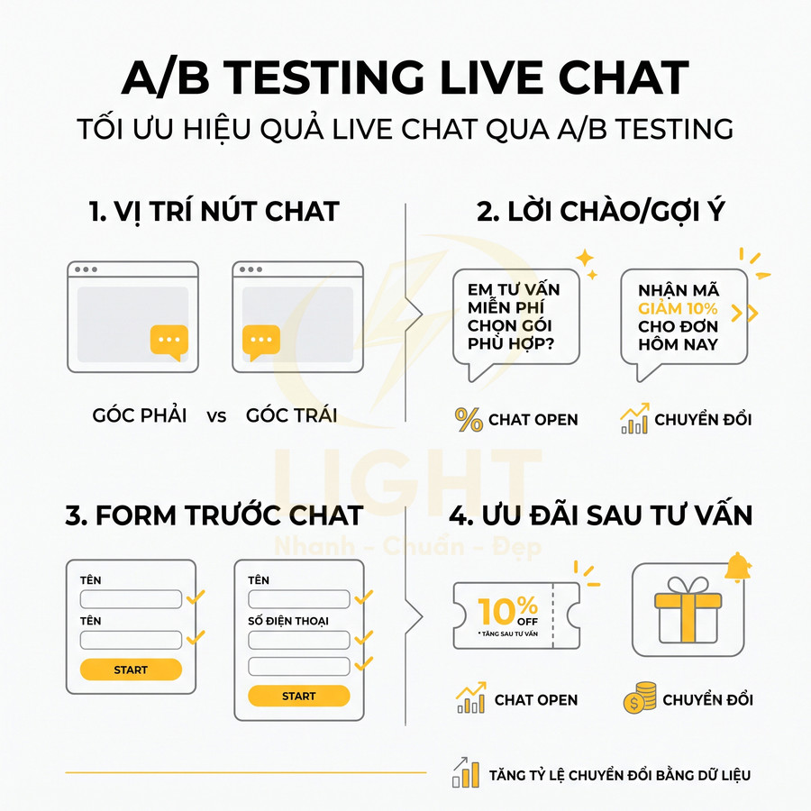 Infographic A/B testing live chat tối ưu vị trí nút chat, lời chào, form và ưu đãi để tăng chuyển đổi