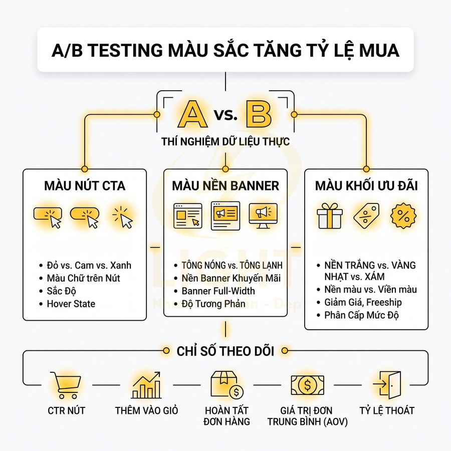 Infographic A/B testing màu sắc nút CTA, banner và khối ưu đãi để tăng tỷ lệ mua hàng online