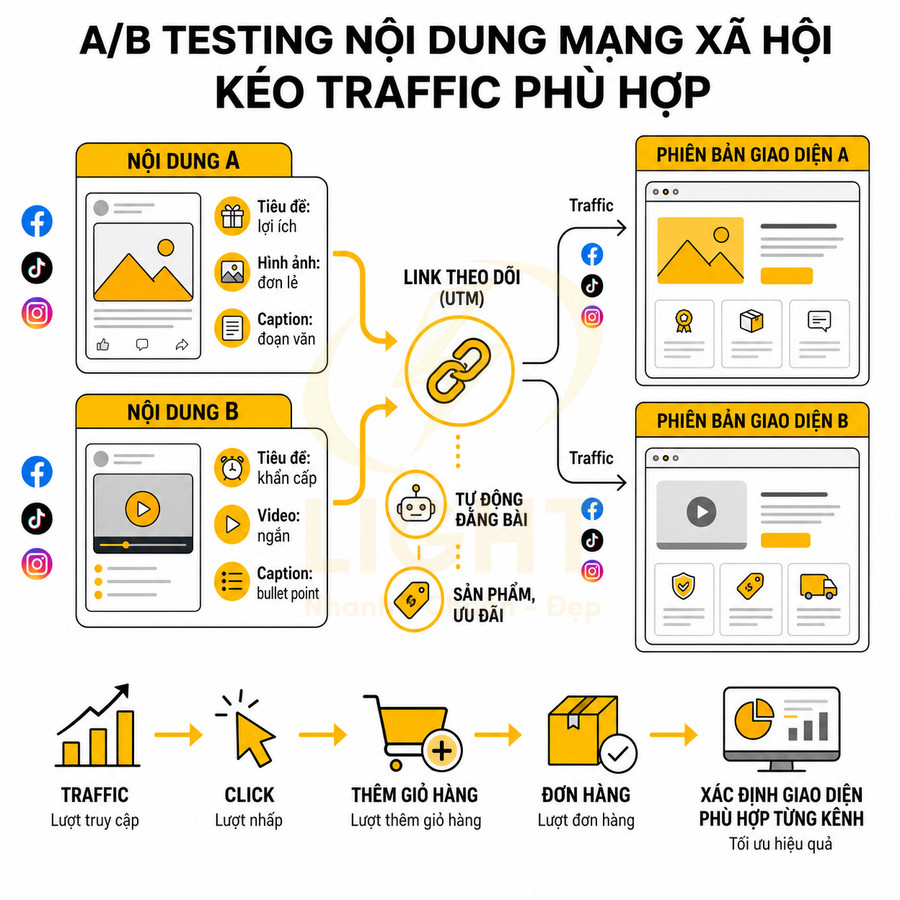 Infographic A/B testing nội dung mạng xã hội kéo traffic, so sánh nội dung A và B và quy trình tăng đơn hàng