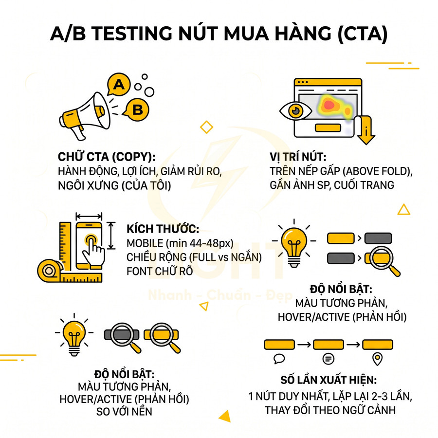 Infographic hướng dẫn A/B testing nút mua hàng CTA với vị trí, kích thước, màu sắc và số lần xuất hiện tối ưu