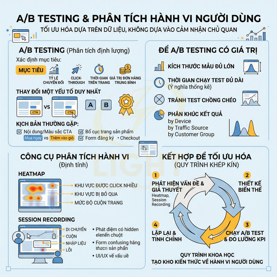 Infographic quy trình A/B testing và phân tích hành vi người dùng với heatmap, session recording và tối ưu chuyển đổi