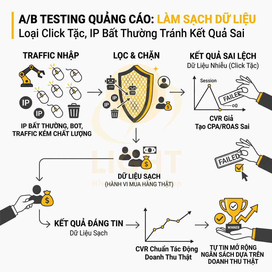 Infographic quy trình A/B testing quảng cáo làm sạch dữ liệu loại click tặc IP bất thường cho kết quả đáng tin