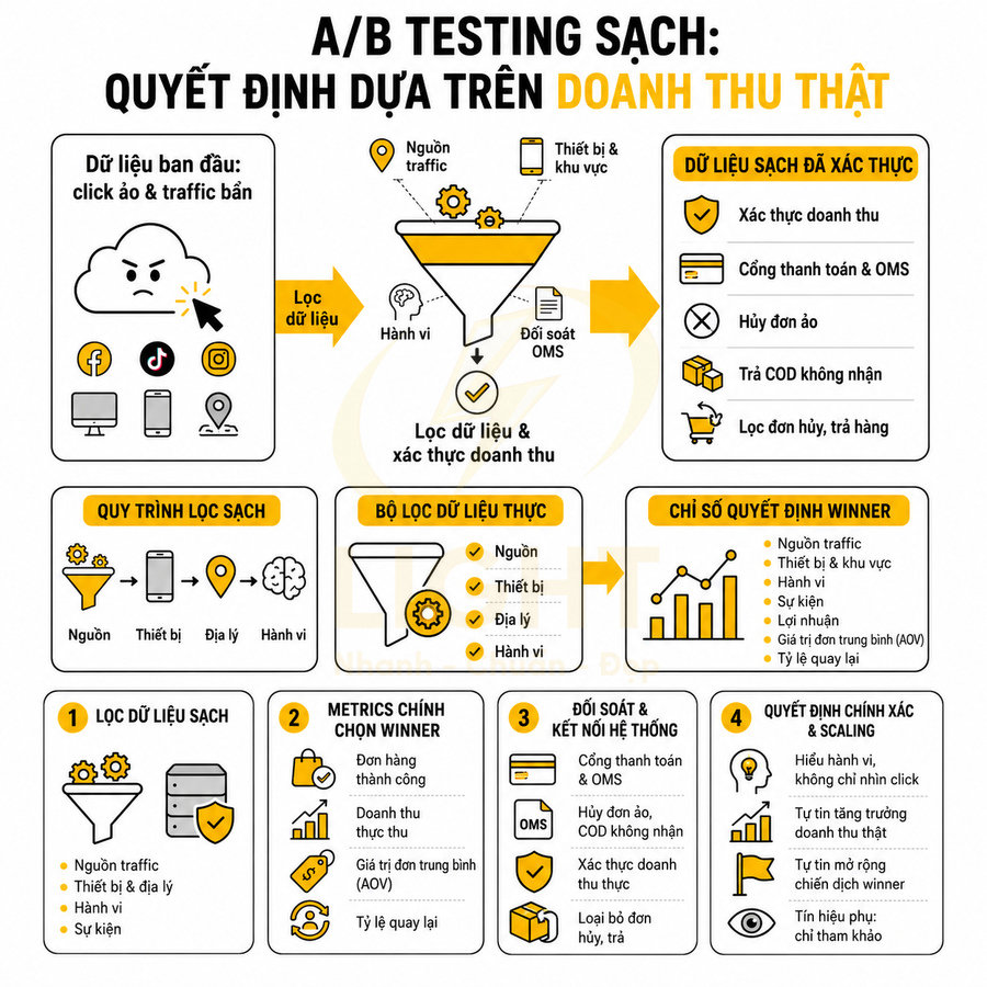 Infographic quy trình A/B testing sạch dựa trên doanh thu thật và lọc dữ liệu marketing online