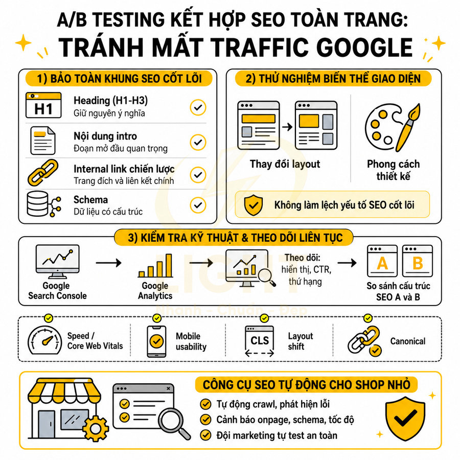 Infographic hướng dẫn A/B testing kết hợp SEO toàn trang để tránh mất traffic Google cho website và shop nhỏ