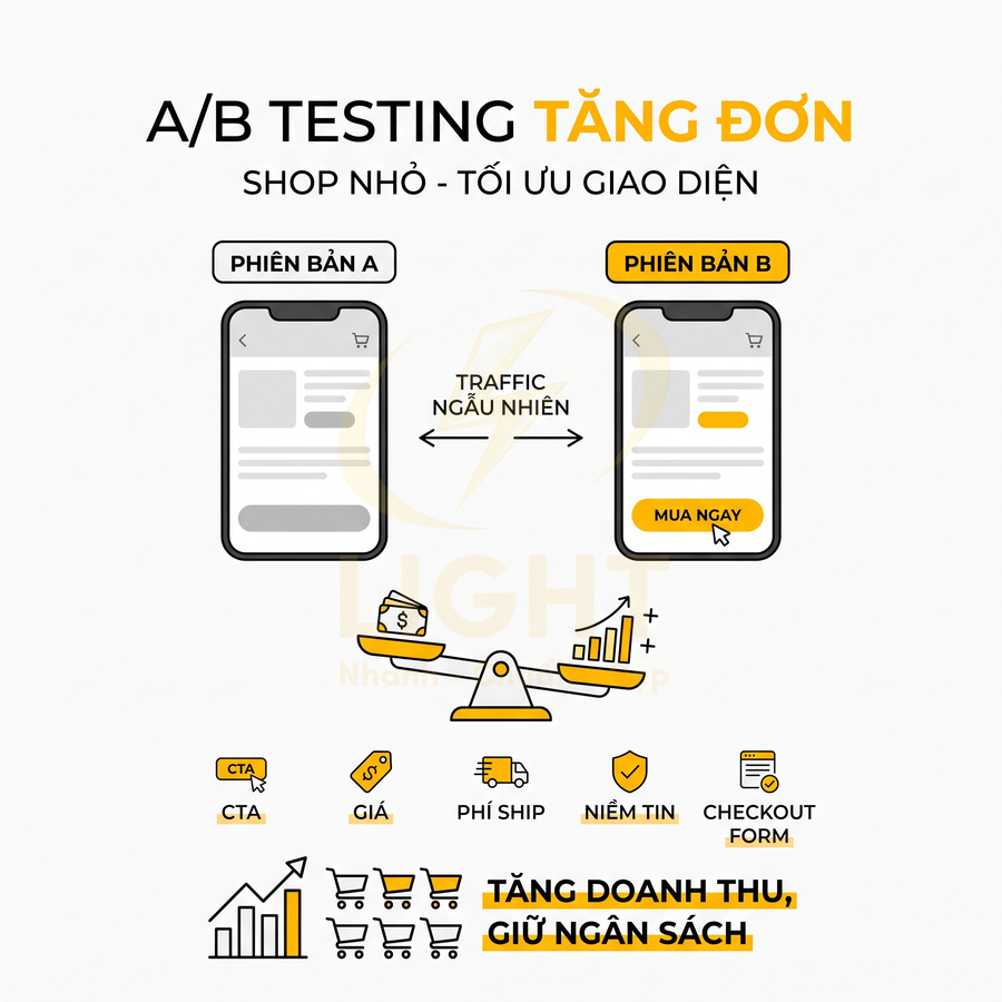 Minh họa A/B testing giao diện shop online với hai phiên bản trang sản phẩm tối ưu nút kêu gọi mua ngay