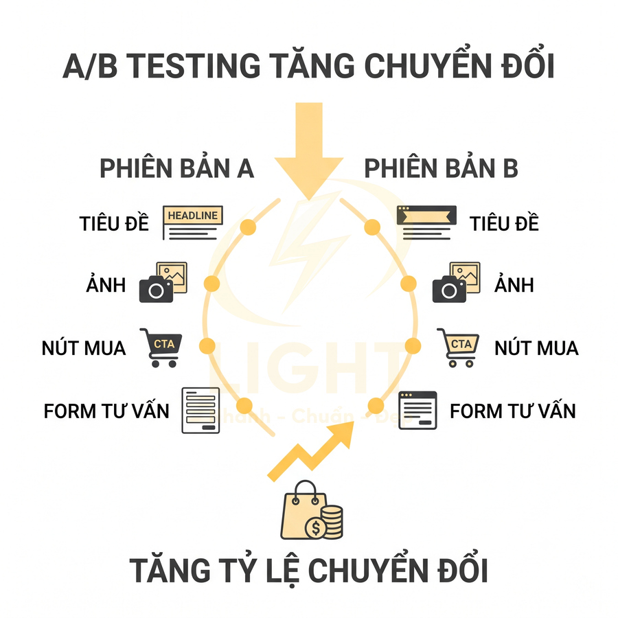 Mô hình A/B testing so sánh tiêu đề, ảnh, nút mua, form tư vấn để tăng tỷ lệ chuyển đổi bán hàng