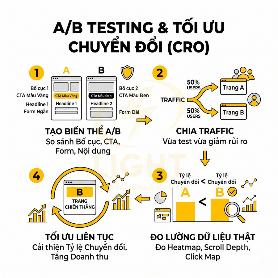 Infographic quy trình A/B testing và tối ưu chuyển đổi CRO cho trang web, đo lường dữ liệu và cải thiện doanh thu