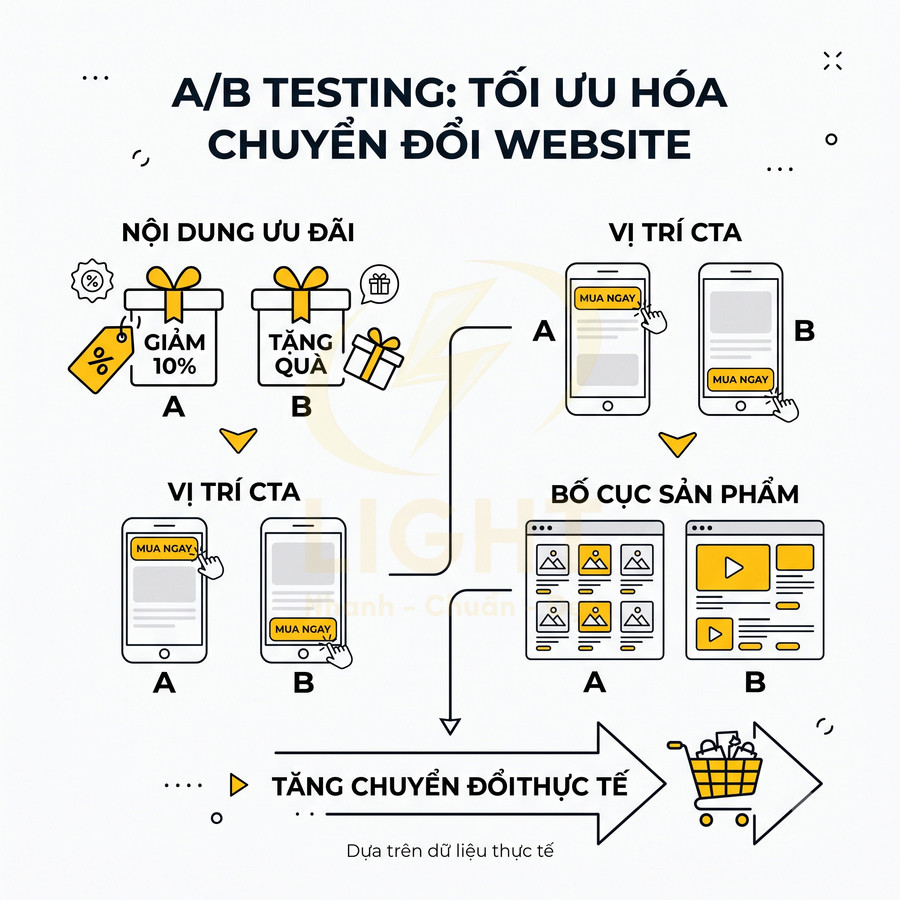 Minh họa A/B testing tối ưu hóa chuyển đổi website với nội dung ưu đãi, vị trí nút CTA và bố cục sản phẩm