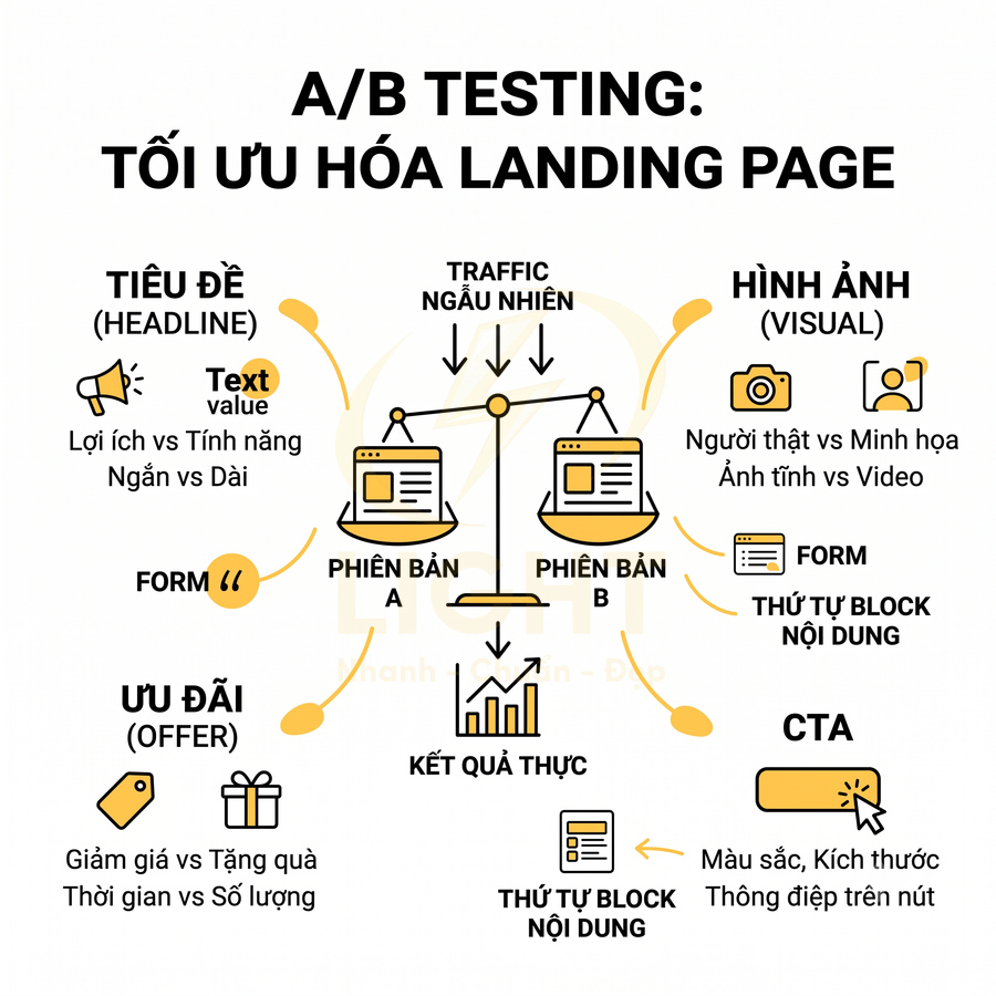 Sơ đồ A/B testing tối ưu hóa landing page với các yếu tố tiêu đề hình ảnh ưu đãi CTA và thứ tự nội dung