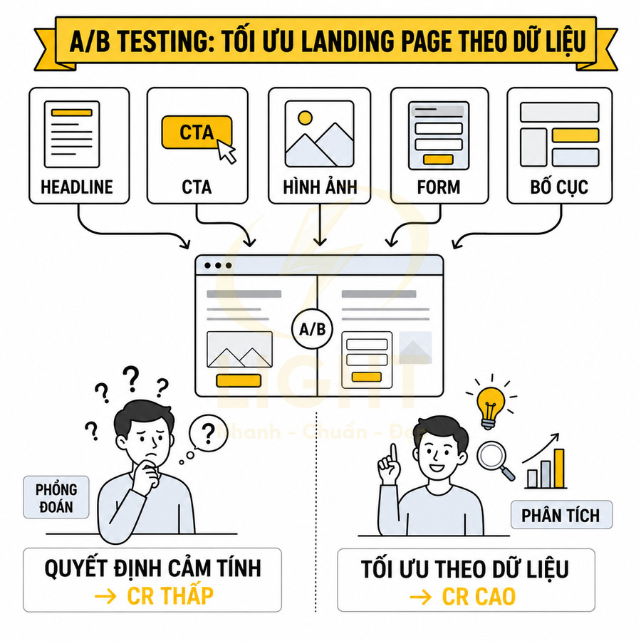 Minh họa quy trình A/B testing tối ưu landing page theo dữ liệu với các yếu tố headline CTA hình ảnh form bố cục