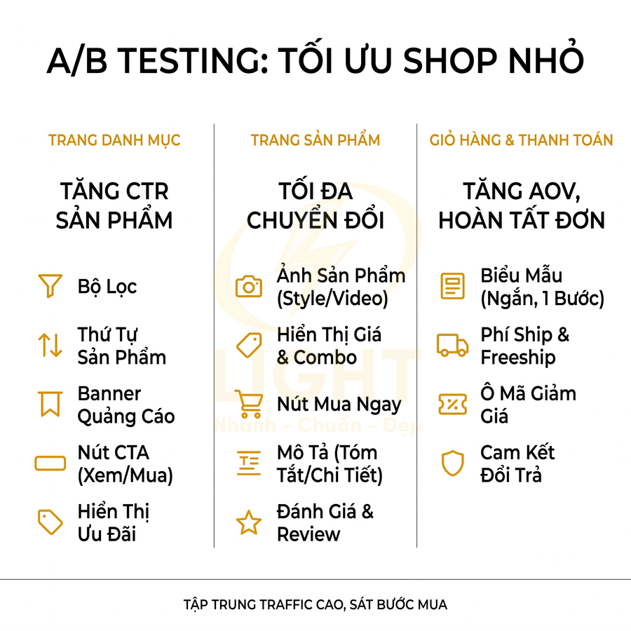 Checklist A/B testing tối ưu shop nhỏ với các gợi ý tăng CTR, tối đa chuyển đổi và hoàn tất đơn hàng