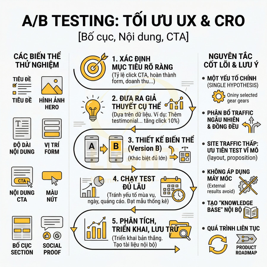 Infographic quy trình A/B testing tối ưu UX và CRO với các bước, biến thể thử nghiệm và nguyên tắc cốt lõi