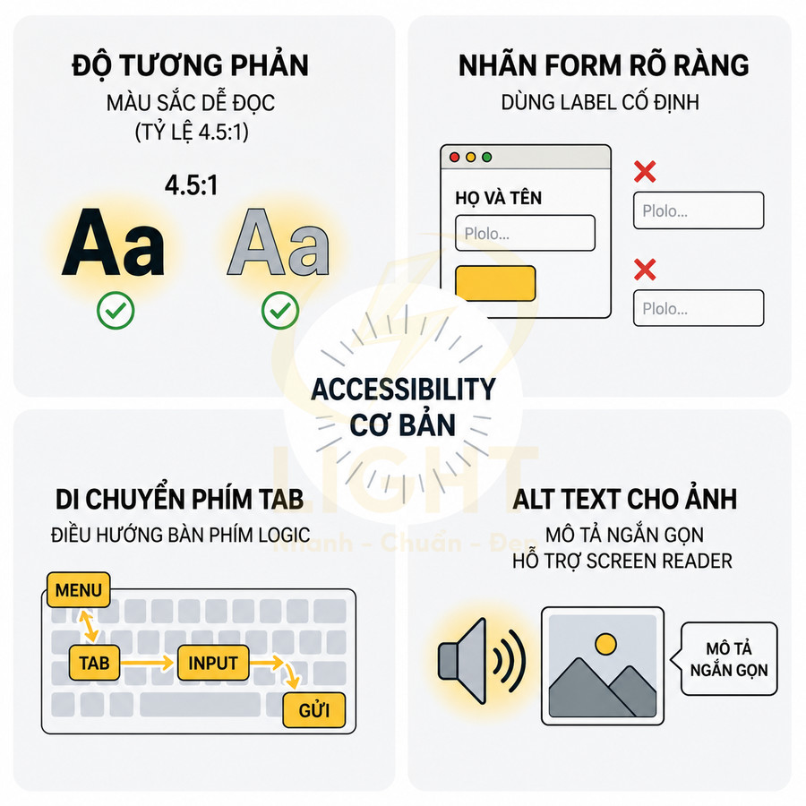 Minh họa các nguyên tắc accessibility cơ bản: độ tương phản, nhãn form, di chuyển phím Tab và alt text cho hình ảnh