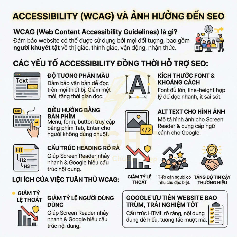 Infographic giải thích tiêu chuẩn WCAG về accessibility và các yếu tố hỗ trợ SEO cho website