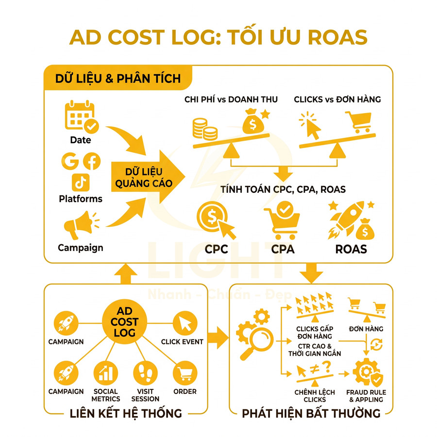 Sơ đồ quy trình Ad Cost Log tối ưu ROAS với dữ liệu quảng cáo, liên kết hệ thống và phát hiện bất thường