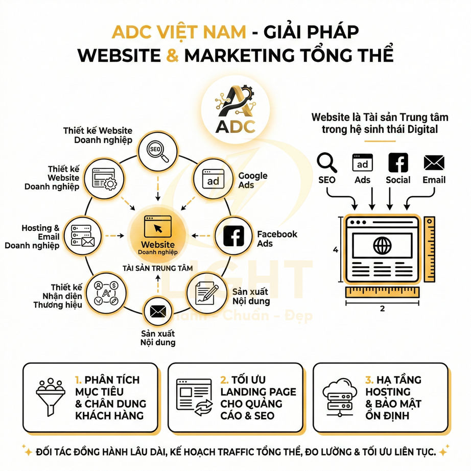 ADC Việt Nam cung cấp giải pháp website và marketing tổng thể với website doanh nghiệp là tài sản trung tâm