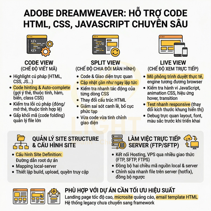Infographic giới thiệu tính năng Adobe Dreamweaver hỗ trợ lập trình HTML CSS JavaScript chuyên sâu
