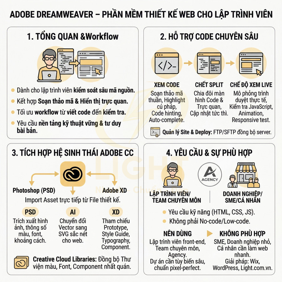 Infographic giới thiệu phần mềm thiết kế web Adobe Dreamweaver, tính năng hỗ trợ lập trình viên và tích hợp Adobe CC
