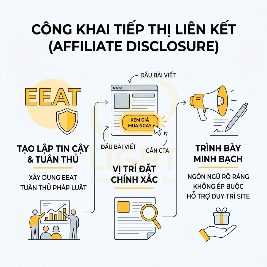 Infographic hướng dẫn công khai tiếp thị liên kết với EEAT, vị trí đặt disclosure và yêu cầu trình bày minh bạch