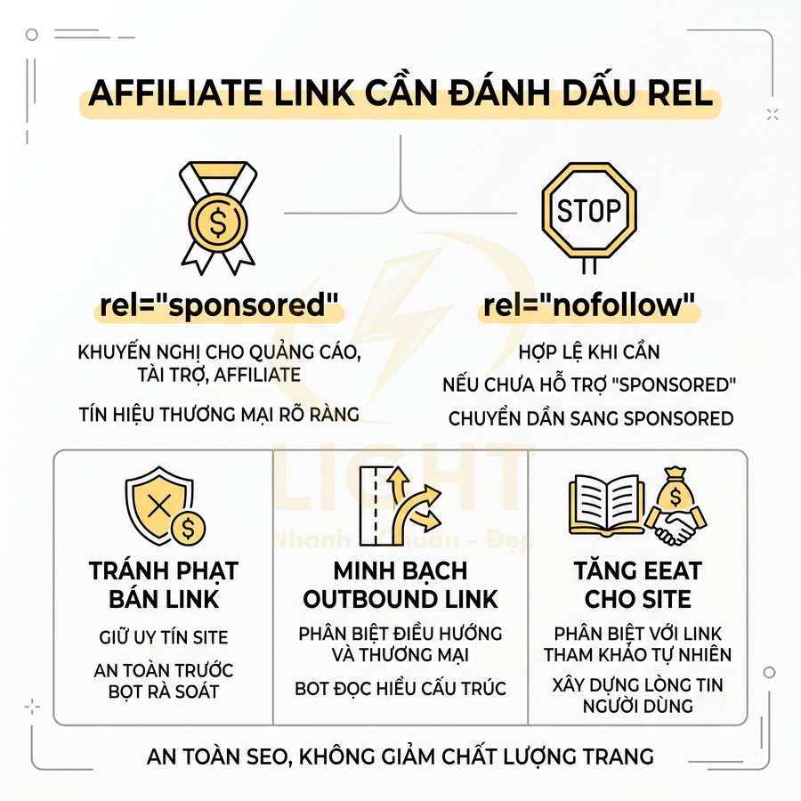 Hướng dẫn dùng thuộc tính rel sponsored và nofollow cho link affiliate để tránh phạt bán link và tăng EEAT cho website
