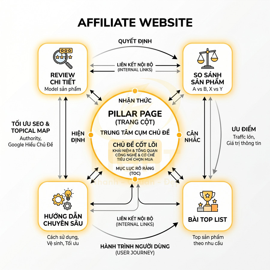 Sơ đồ cấu trúc nội dung website affiliate với pillar page, review chi tiết, so sánh sản phẩm và bài top list