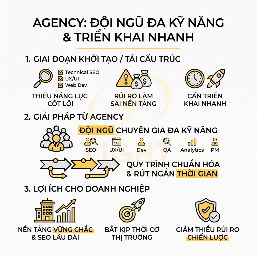 Infographic lợi ích thuê agency marketing với đội ngũ đa kỹ năng, quy trình chuẩn hóa và tối ưu SEO cho doanh nghiệp