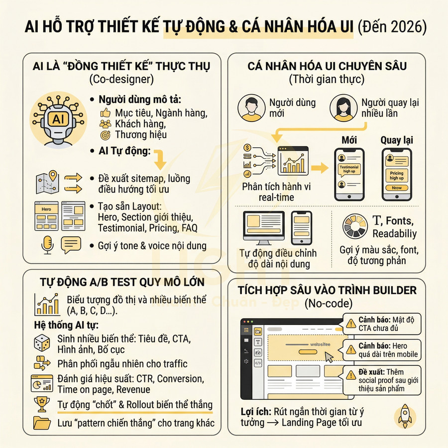 Infographic tiếng Việt về AI hỗ trợ thiết kế tự động và cá nhân hóa giao diện UI đến năm 2026