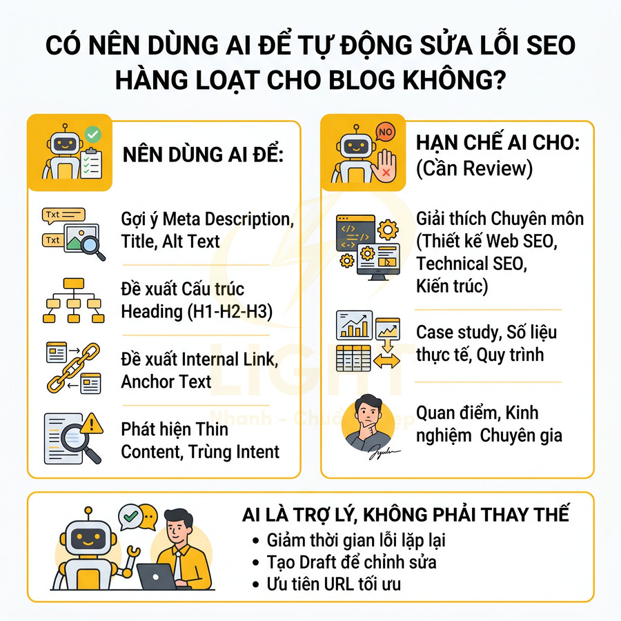 Infographic hướng dẫn dùng AI sửa lỗi SEO blog, nêu việc nên dùng và hạn chế AI, nhấn mạnh vai trò trợ lý không thay thế người viết