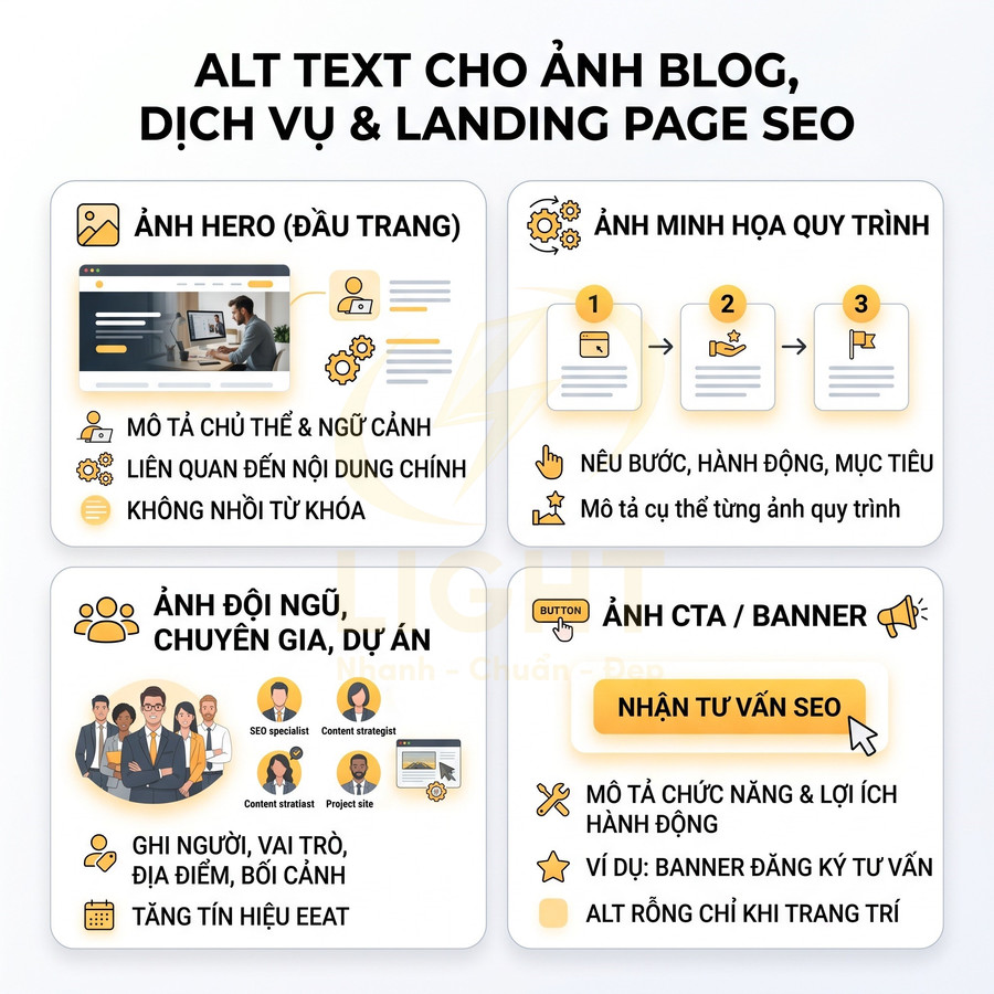 Hướng dẫn viết alt text chuẩn SEO cho ảnh blog dịch vụ và landing page với ví dụ minh họa trực quan