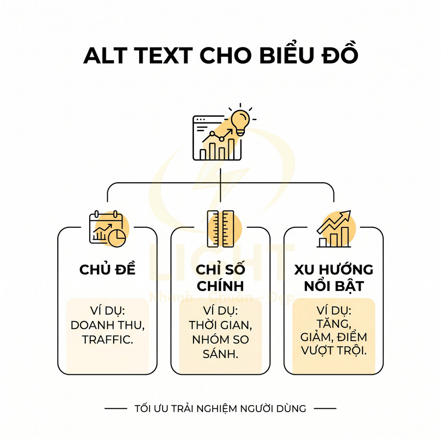 Hướng dẫn viết alt text cho biểu đồ với ba phần chủ đề, chỉ số chính và xu hướng nổi bật để tối ưu trải nghiệm người dùng