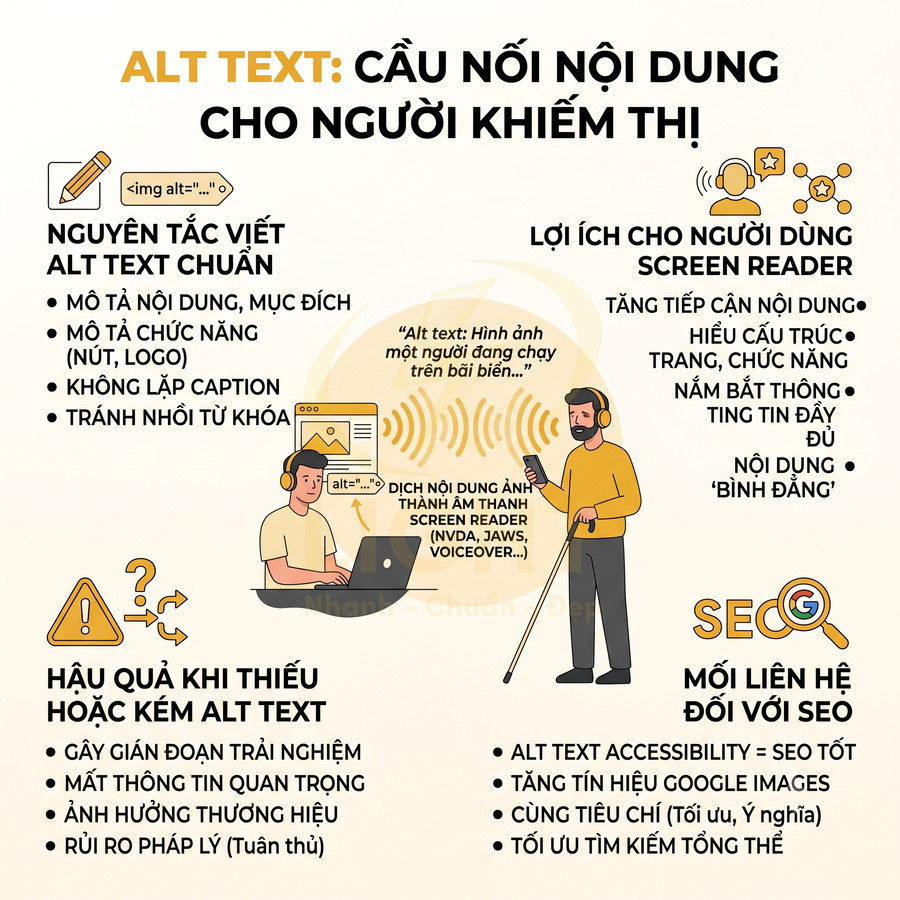 Infographic hướng dẫn viết alt text chuẩn SEO, lợi ích cho người khiếm thị và tác động tới trải nghiệm, thương hiệu, SEO