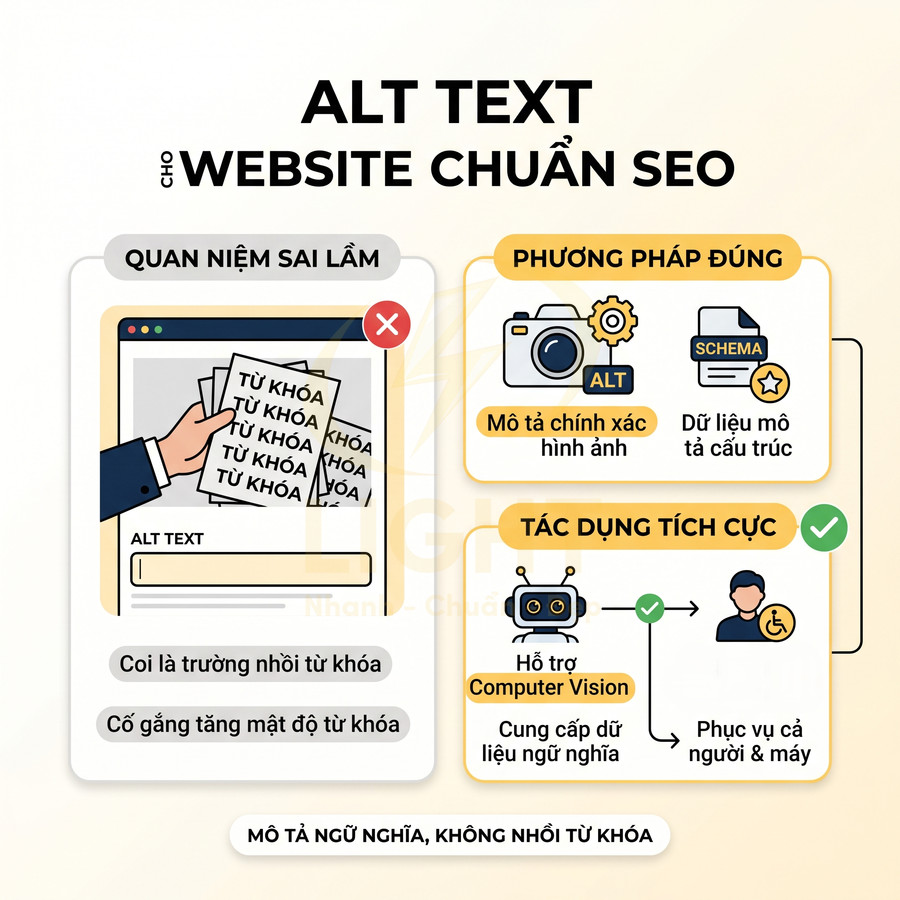 Hướng dẫn viết alt text chuẩn SEO với ví dụ minh họa quan niệm sai lầm và phương pháp đúng