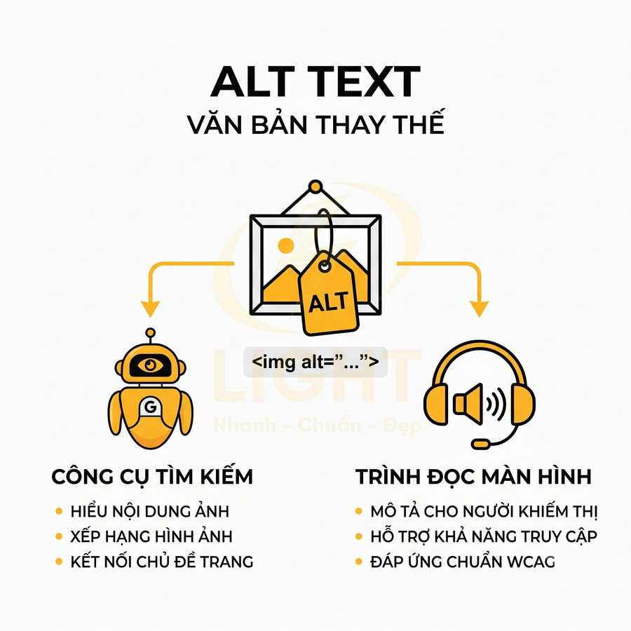 Minh họa vai trò của thẻ alt text trong SEO và hỗ trợ trình đọc màn hình cho người khiếm thị