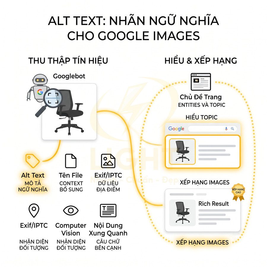 Minh họa quy trình Googlebot dùng alt text và dữ liệu ảnh để hiểu và xếp hạng hình ảnh trên Google Images