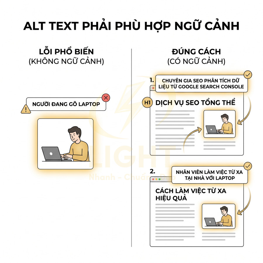 Hướng dẫn viết alt text chuẩn SEO với ví dụ lỗi phổ biến và cách mô tả đúng theo ngữ cảnh
