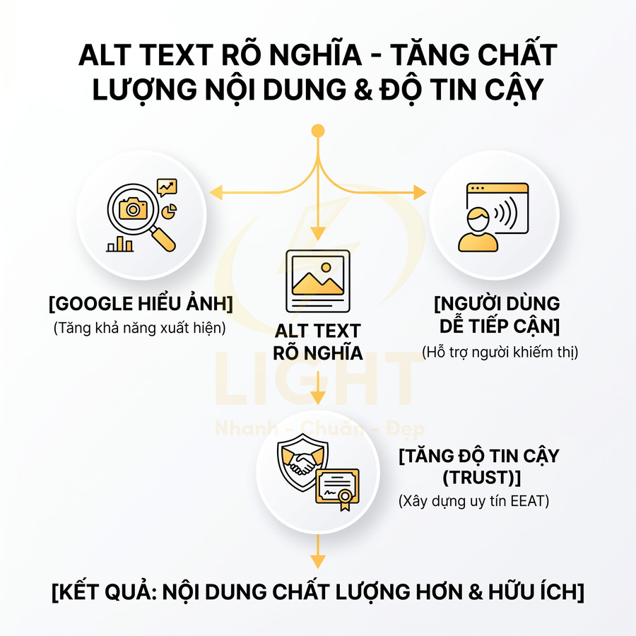 Infographic lợi ích alt text rõ nghĩa giúp Google hiểu hình ảnh, tăng khả năng tiếp cận và độ tin cậy nội dung SEO