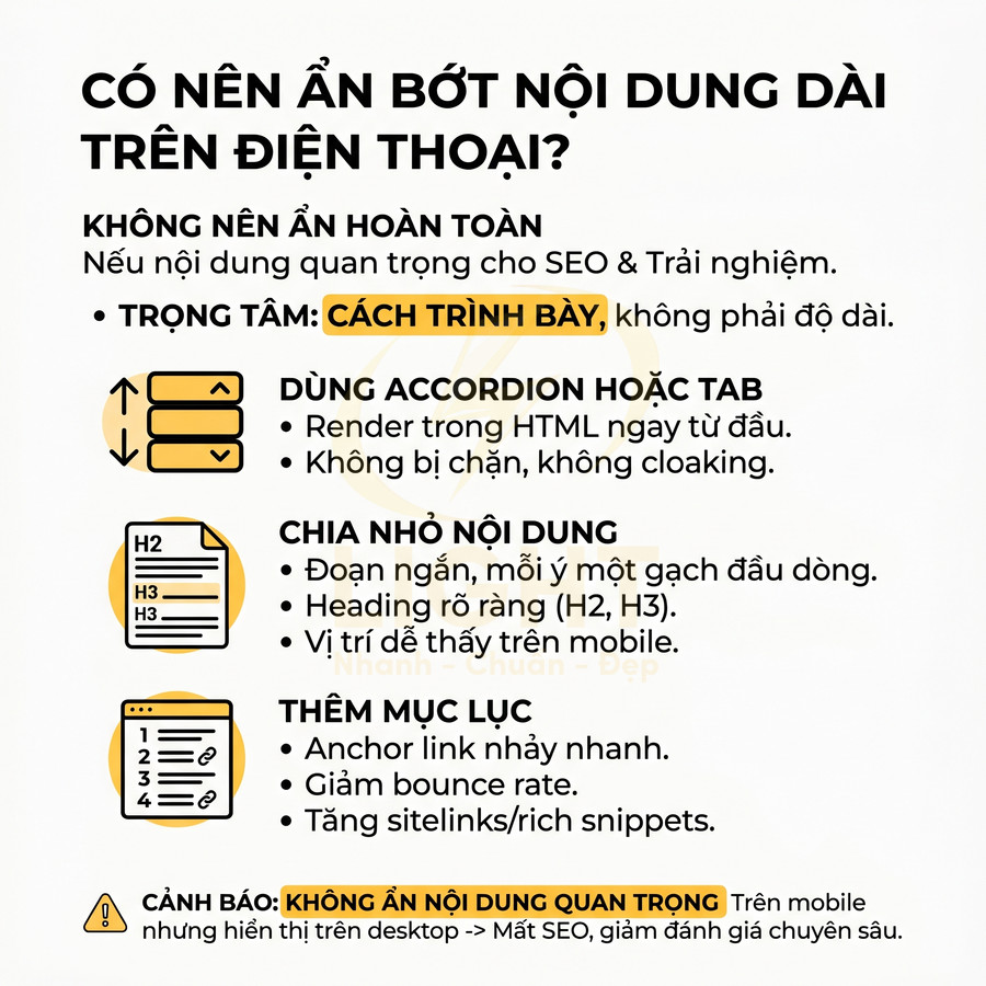 Hướng dẫn tối ưu nội dung dài trên điện thoại với accordion, chia nhỏ đoạn và thêm mục lục để tốt cho SEO