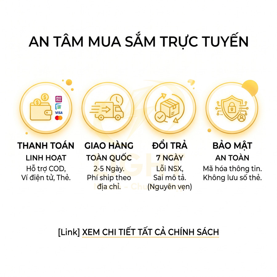 Chính sách mua sắm trực tuyến với thanh toán linh hoạt, giao hàng toàn quốc, đổi trả 7 ngày và bảo mật an toàn